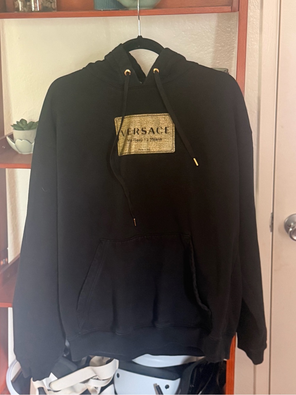 Authentic Versace Black Hoodie, Gold Box Spellout Logo